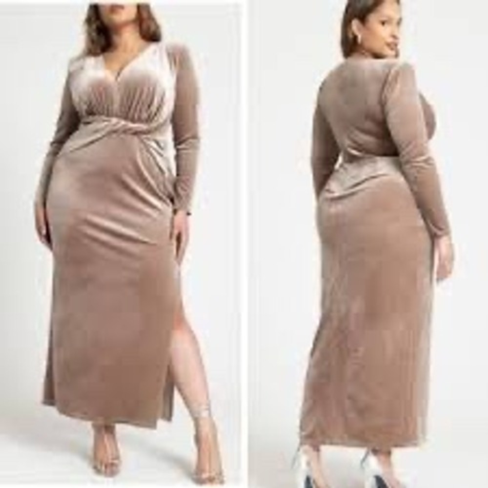 Eloquii Velvet Twist Front Maxi Dress Women 18 Taupe Gala Party V-Neck Evening